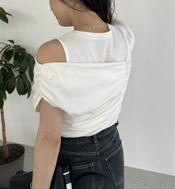  「【即完につき再入荷/新色ブラウン】アシメギャザーTシャツ」|Tシャツ・カットソー|