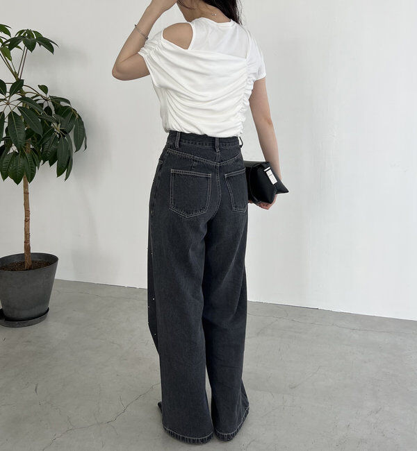  「【即完につき再入荷/新色ブラウン】アシメギャザーTシャツ」|Tシャツ・カットソー|