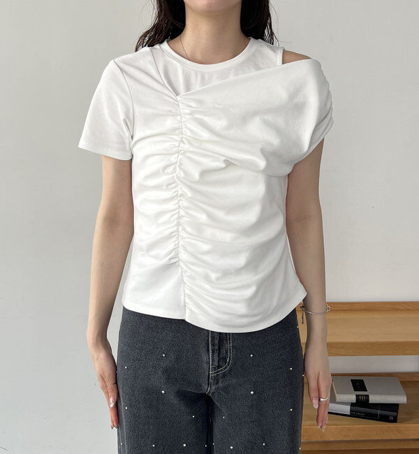  「【即完につき再入荷/新色ブラウン】アシメギャザーTシャツ」|Tシャツ・カットソー|