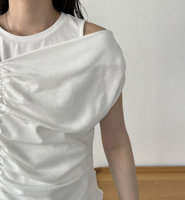  「【即完につき再入荷/新色ブラウン】アシメギャザーTシャツ」|Tシャツ・カットソー|