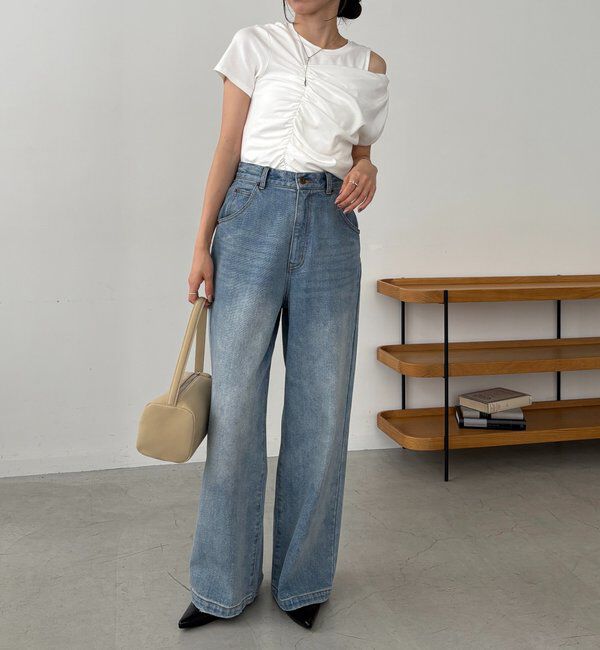  「【即完につき再入荷/新色ブラウン】アシメギャザーTシャツ」|Tシャツ・カットソー|