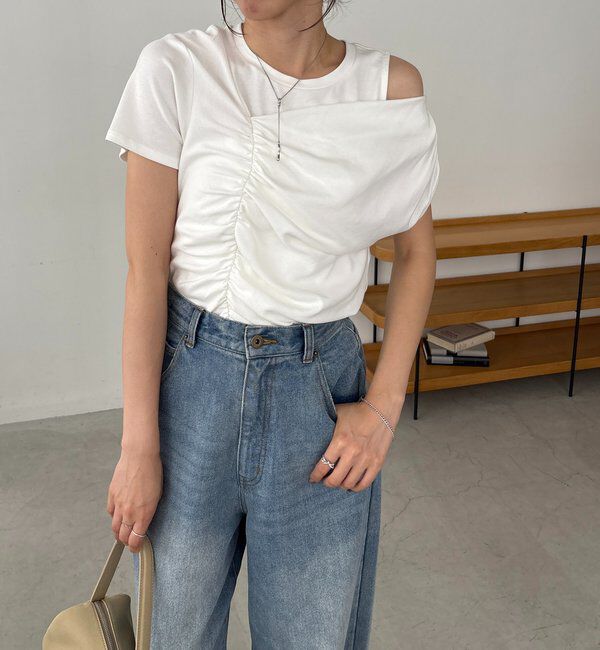  「【即完につき再入荷/新色ブラウン】アシメギャザーTシャツ」|Tシャツ・カットソー|