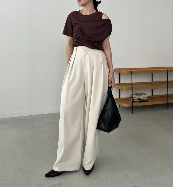  「【即完につき再入荷/新色ブラウン】アシメギャザーTシャツ」|Tシャツ・カットソー|