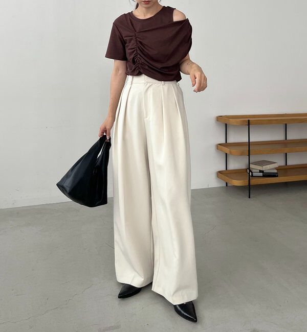  「【即完につき再入荷/新色ブラウン】アシメギャザーTシャツ」|Tシャツ・カットソー|