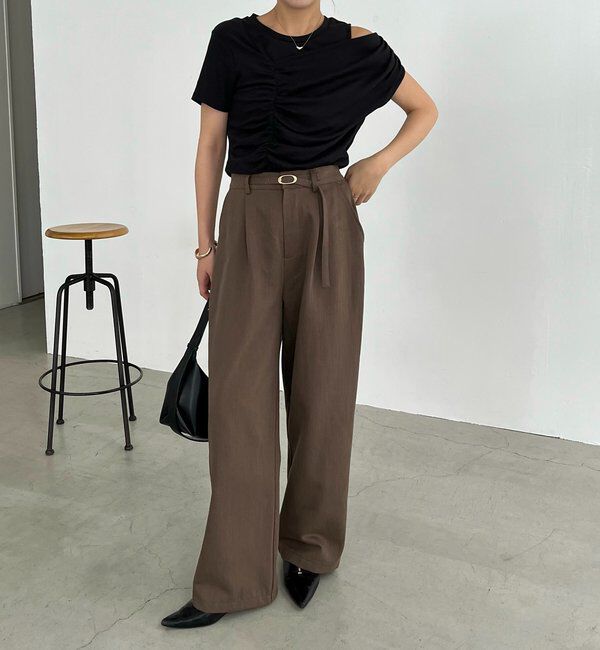  「【即完につき再入荷/新色ブラウン】アシメギャザーTシャツ」|Tシャツ・カットソー|