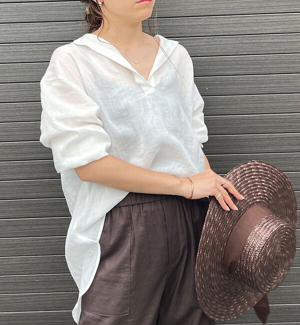 Rouge vif「麻バックスリットVネックシャツ」|シャツ・ブラウス|ホワイト