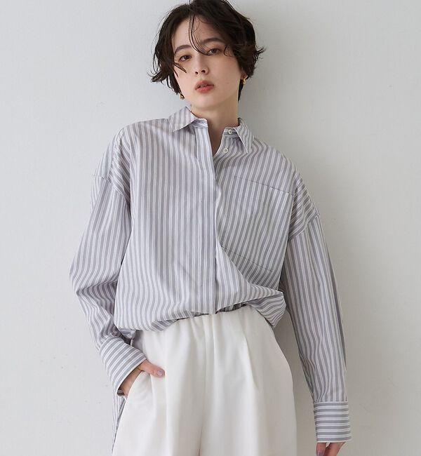 Rouge vif「コットンマルチストライプビッグシャツ【予約】」|シャツ・ブラウス|グレー