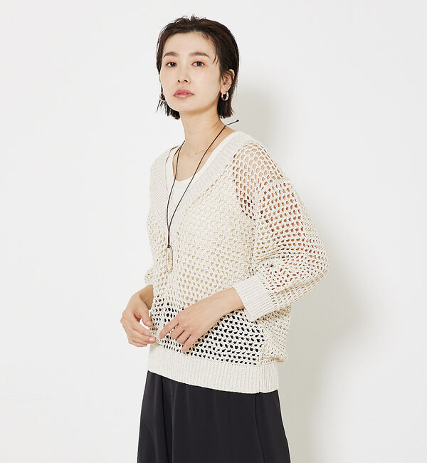 qualite「ラメローゲージVネックニット」|ニット・セーター|ベージュ