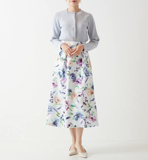 TIARA「花と羽タックフレアスカート」|スカート|ブルー