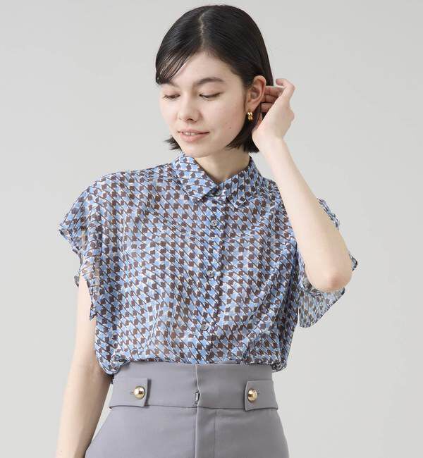 TIARA「サマークラシック千鳥プリントリボンタイシャツ（セットアップ可）」|シャツ・ブラウス|ブルー