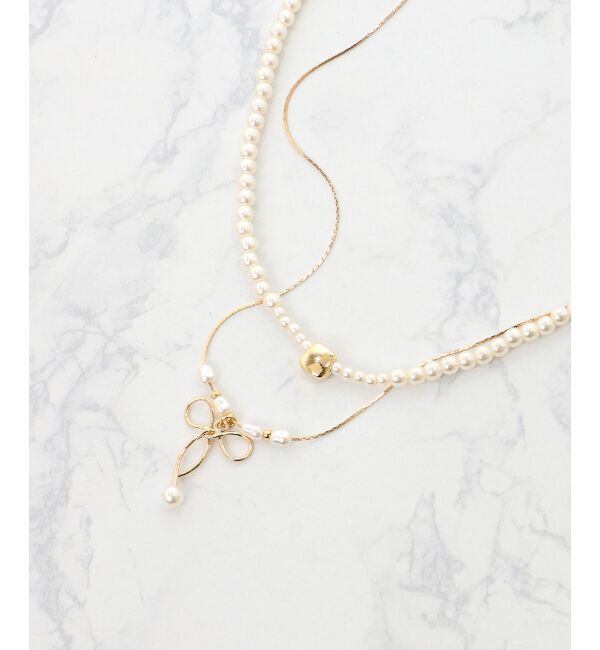  「2連パール&times;リボンネックレス」|ネックレス|