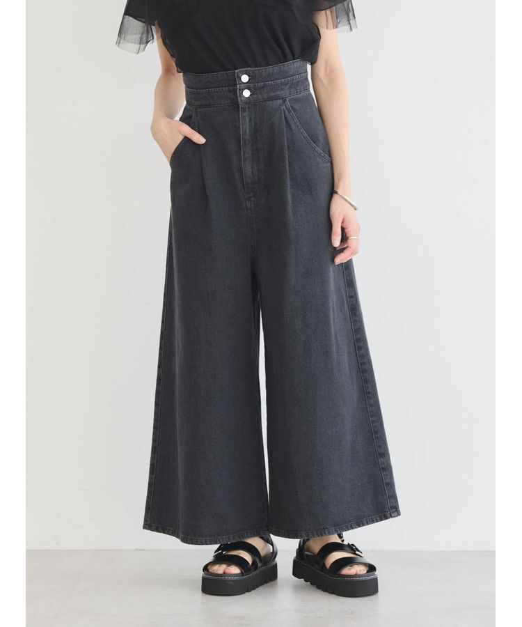 earth music&ecology「ダブルベルトデザインワイドパンツ」|デニム|Black