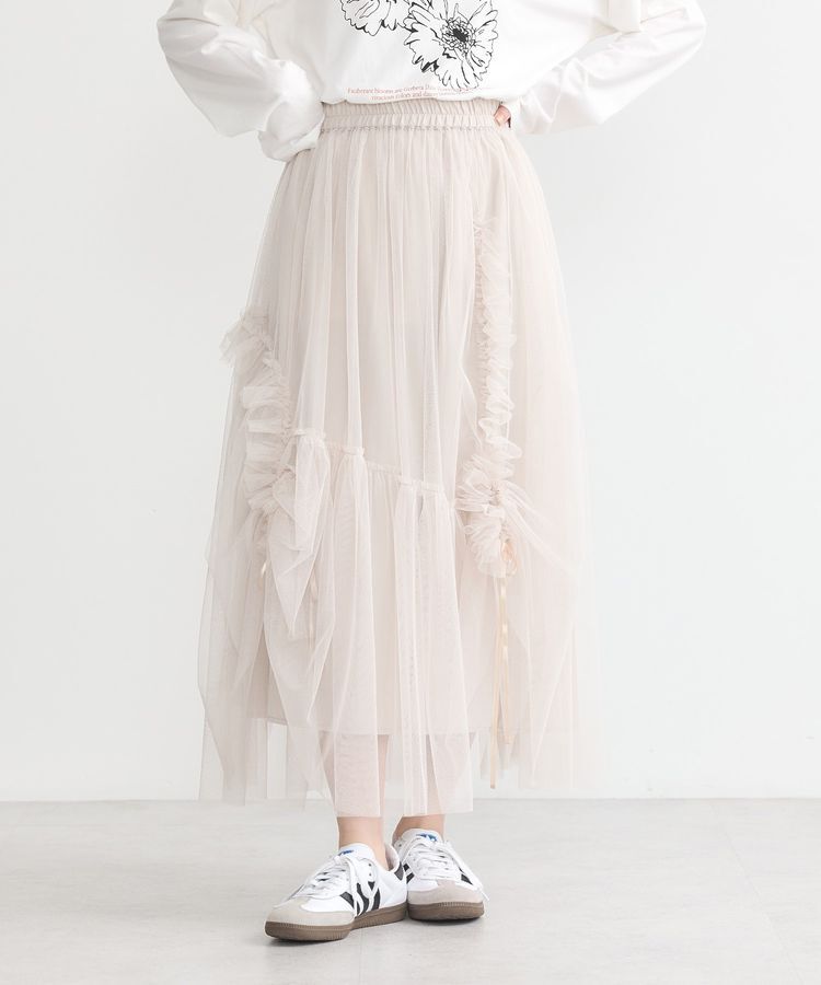 earth music&ecology「チュールアシンメトリーフリルスカート」|フレア|