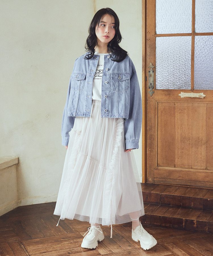 earth music&ecology「チュールアシンメトリーフリルスカート」|フレア|
