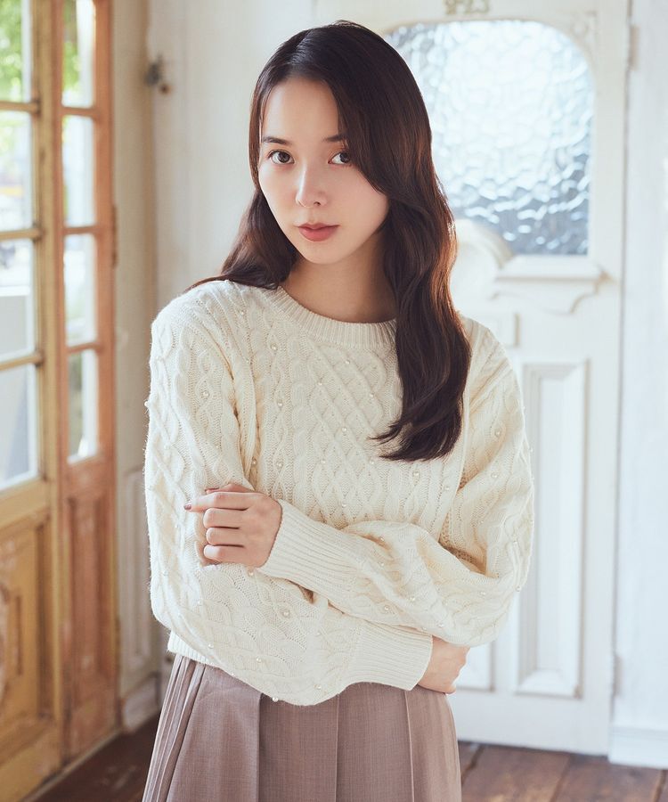 earth music&ecology「パール&ケーブルニットプルオーバー」|ニット・セーター|Ivory