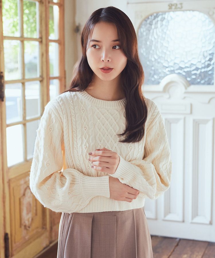 earth music&ecology「パール&ケーブルニットプルオーバー」|ニット・セーター|