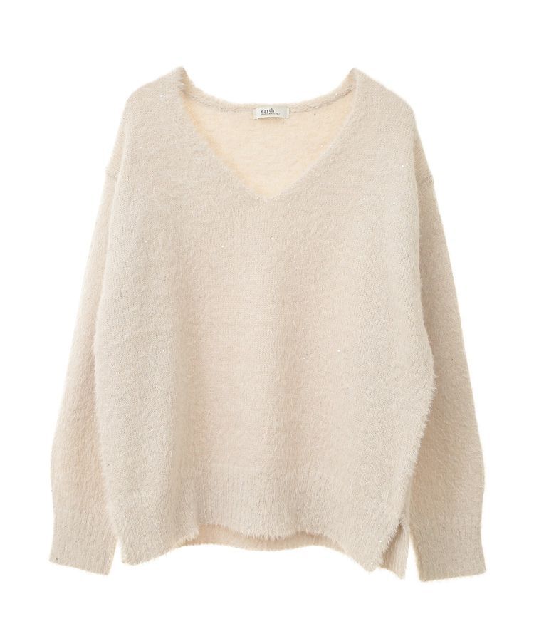 earth music&ecology「スパンコールシャギーVネックプルオーバー」|ニット・セーター|