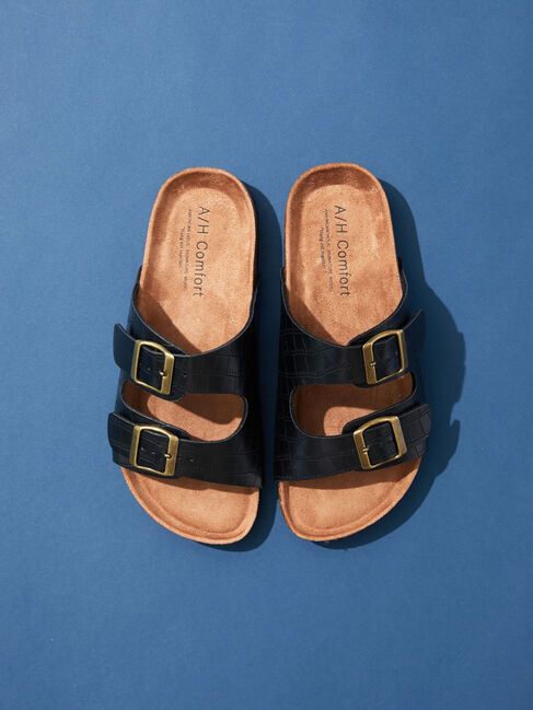  「PU Wストラップコンフォートサンダル」|サンダル|ブラック