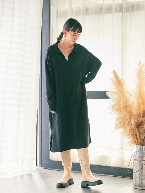  「衿付きニットワンピース」|ワンピース|ブラック