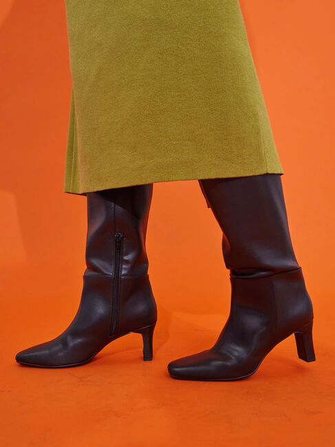  「スクエアトゥプレートヒールロングブーツ」|ロングブーツ|