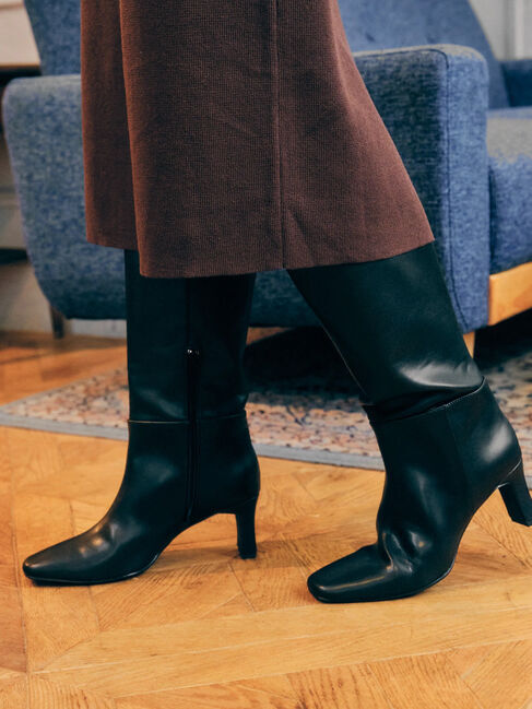  「スクエアトゥプレートヒールロングブーツ」|ロングブーツ|