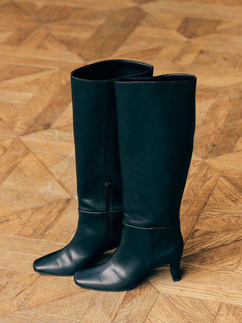  「スクエアトゥプレートヒールロングブーツ」|ロングブーツ|