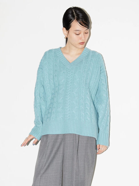  「ざっくりVネックケーブルニットプルオーバー」|ニット・セーター|