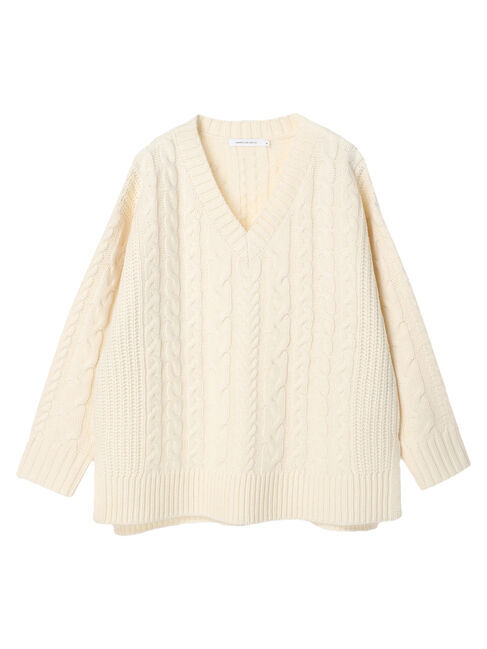  「ざっくりVネックケーブルニットプルオーバー」|ニット・セーター|