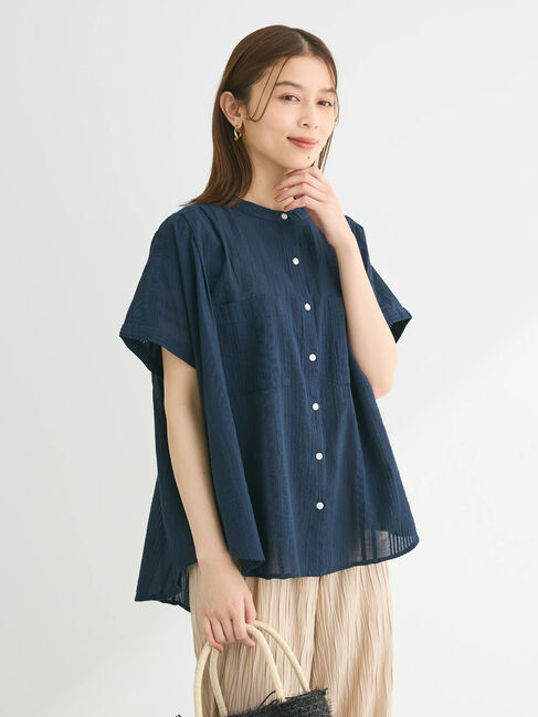 Green Parks「I　バンドカラーデザイン5分袖シャツ」|シャツ・ブラウス|Dark Navy