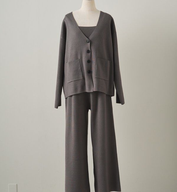  「【3点セット】ワッフルスクエアタンク＆Vネックカーデ+ワイドパンツセットアップ」|カーディガン|