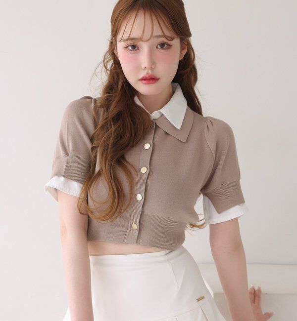  「今期トレンド/重ね襟半袖ニット」|ニット・セーター|ベージュ