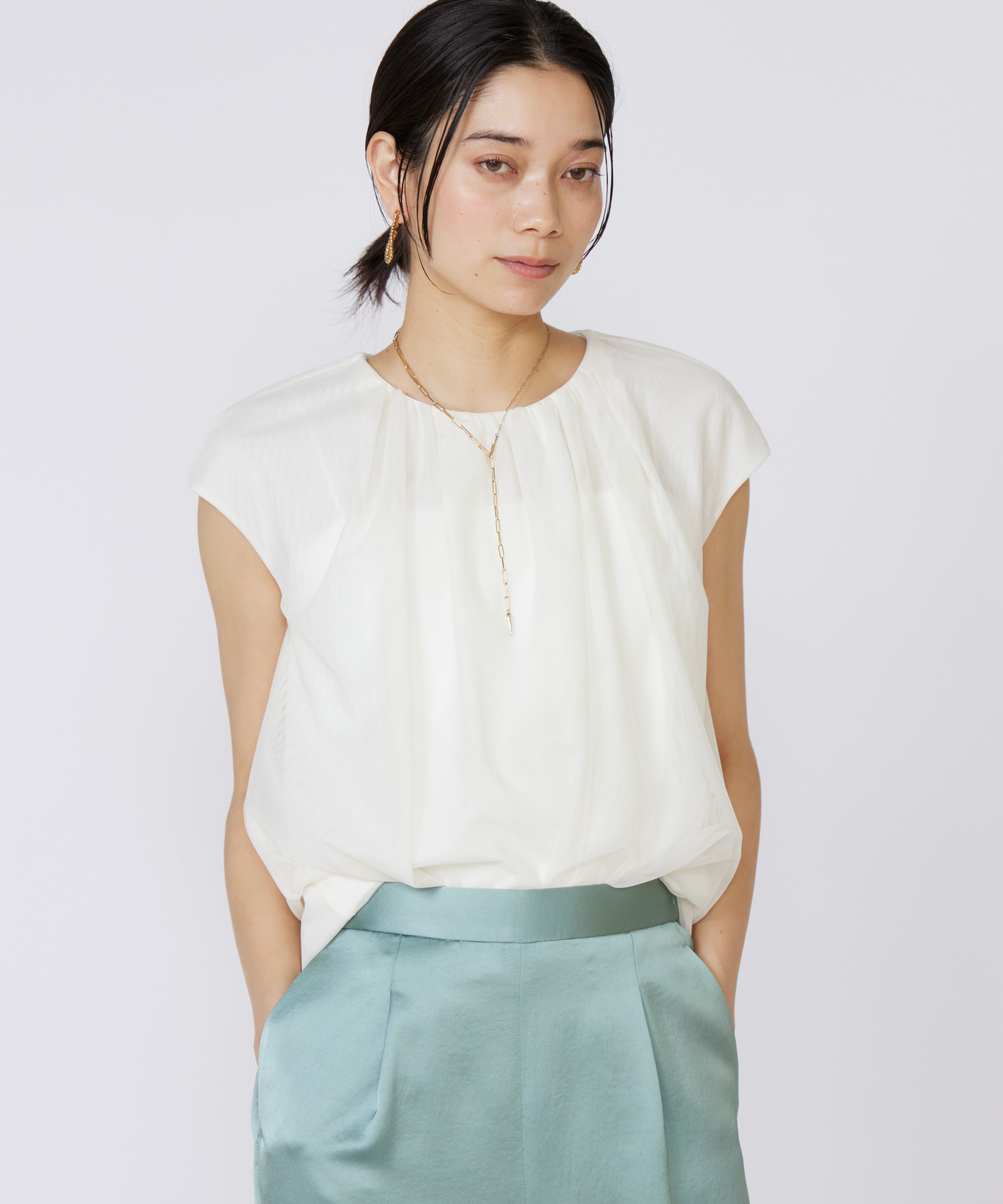 INED「チュールブラウス」|シャツ・ブラウス|オフホワイト1