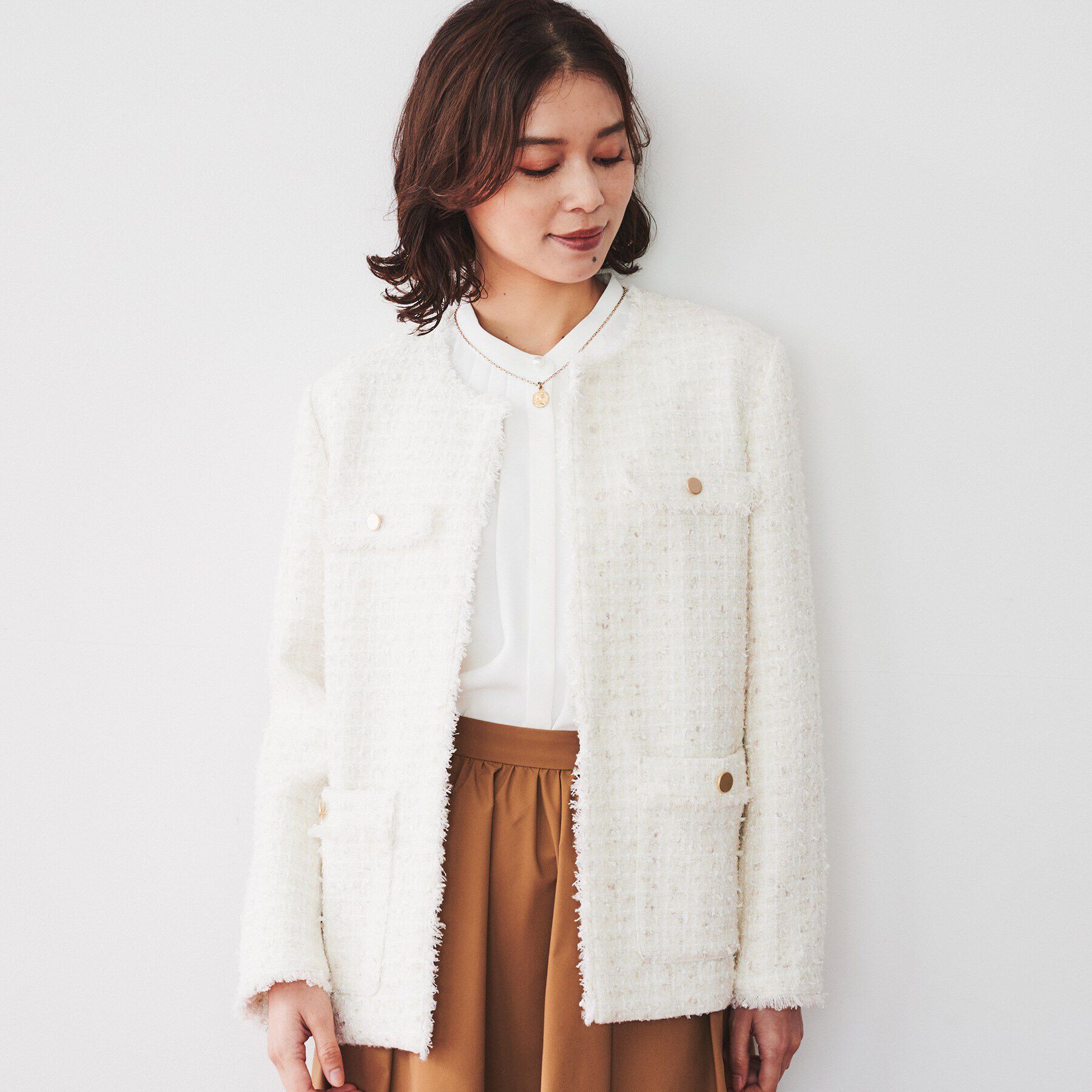 UNTITLED「【きれいめカジュアル/通勤/入卒】ファンシーツイード ジャケット」|ノーカラージャケット|アイボリー(404)