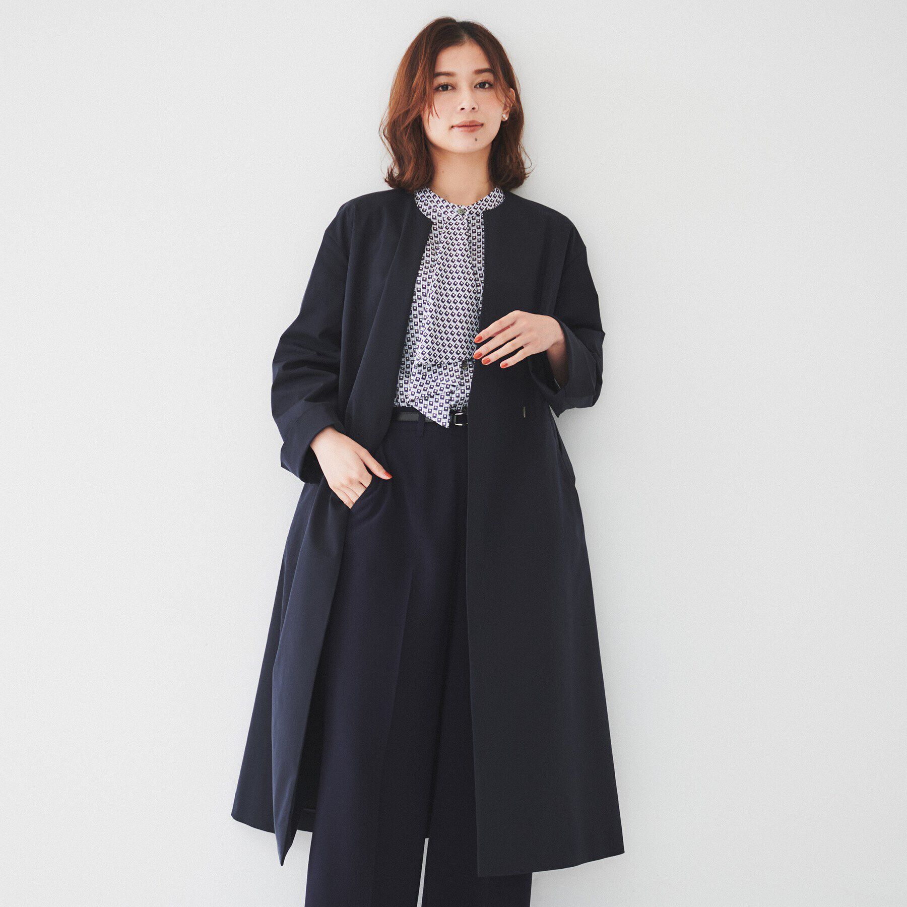 UNTITLED「【撥水】コットンライク ストレッチコート」|ノーカラーコート|ネイビー(094)