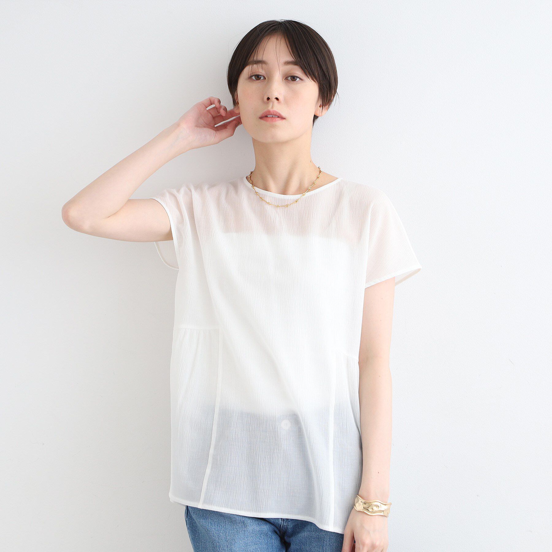 INDIVI「【洗える】ペプラム風デザインきれいめカットソー」|Tシャツ・カットソー|ホワイト(001)