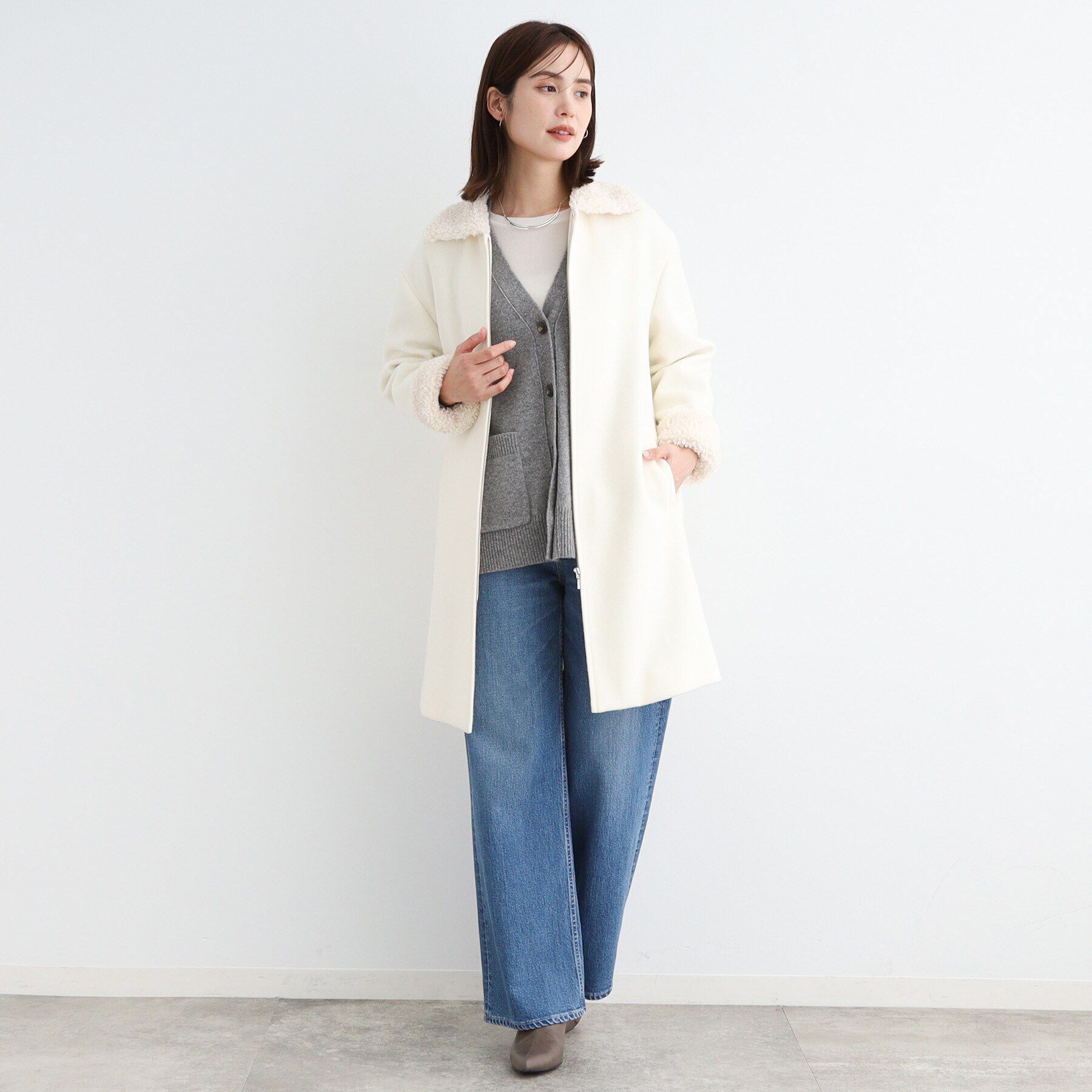 INDIVI「【トレンド◎】カーリーフェイクファーロングウール混コート」|ステンカラーコート|