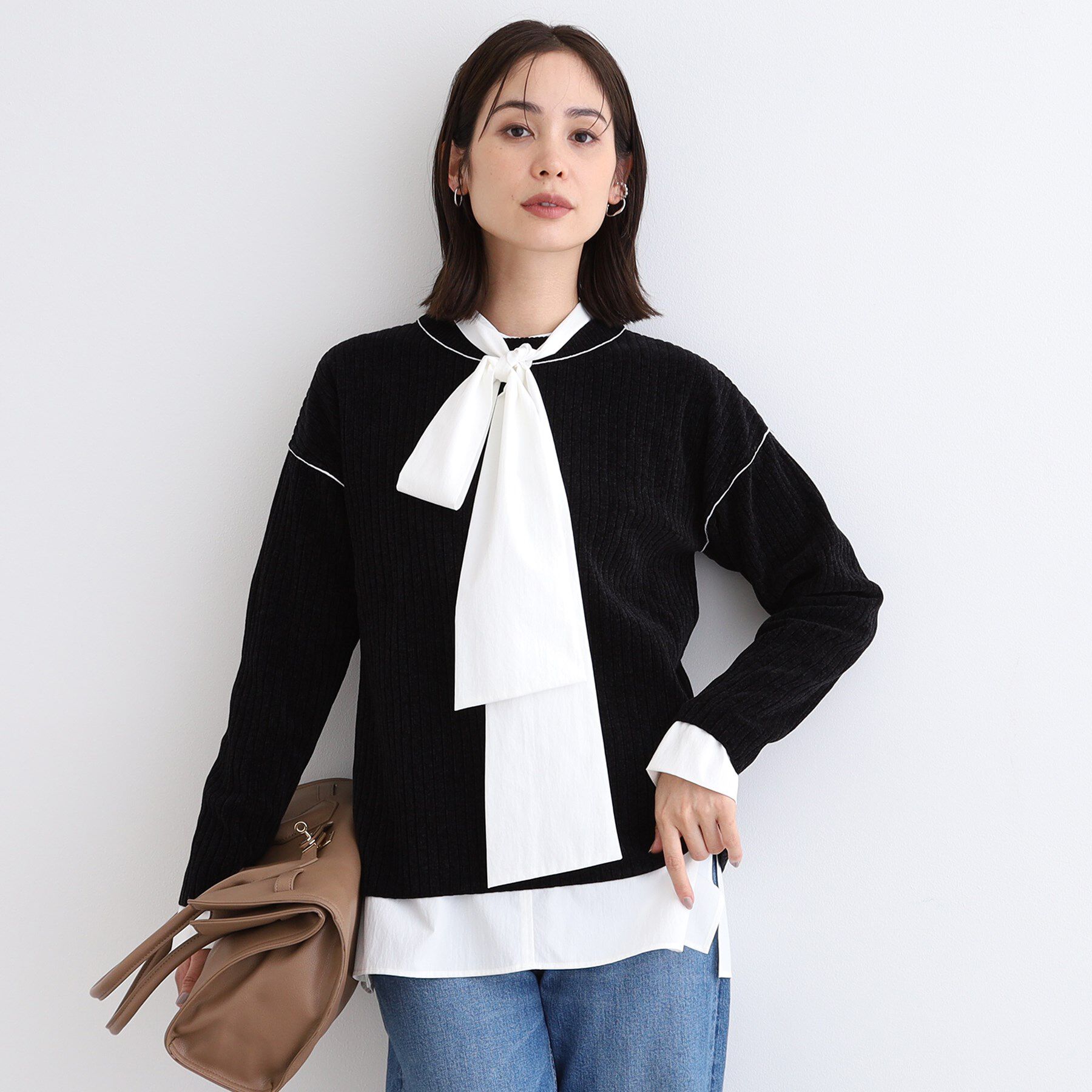 INDIVI「【トレンド◎／パイピングデザイン】モールヤーンニット」|ニット・セーター|ブラック(019)