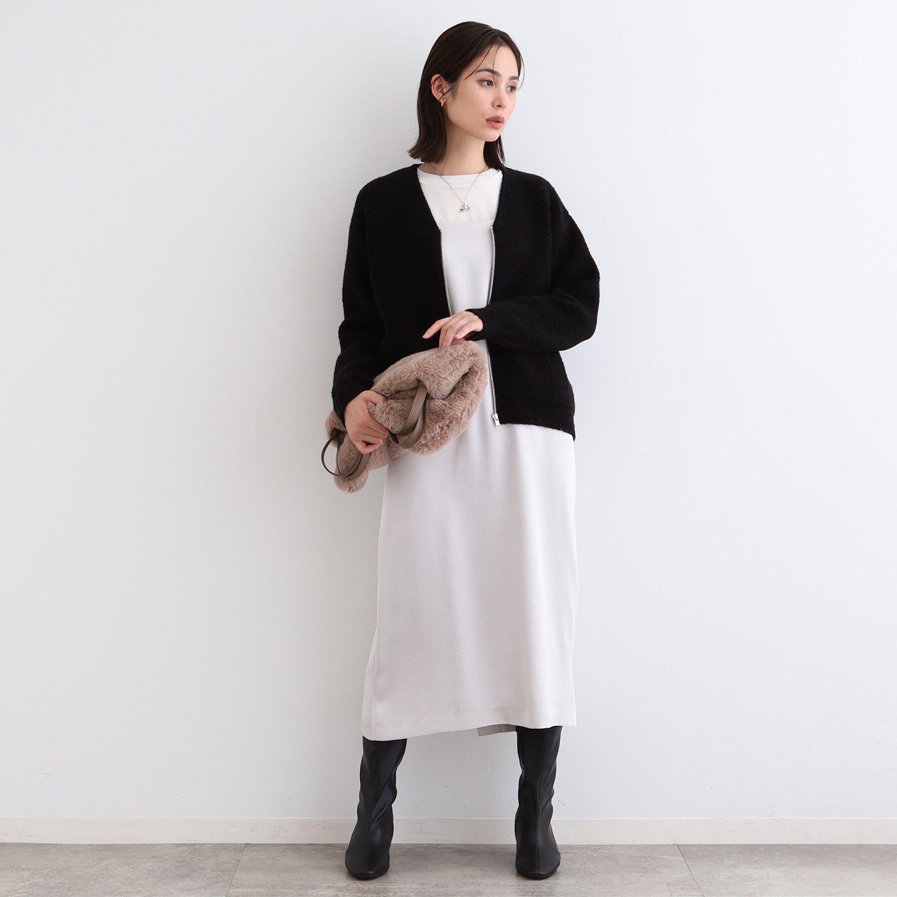 INDIVI「【トレンド◎／ウール混】ジップ付ブークレコーディガン」|カーディガン|