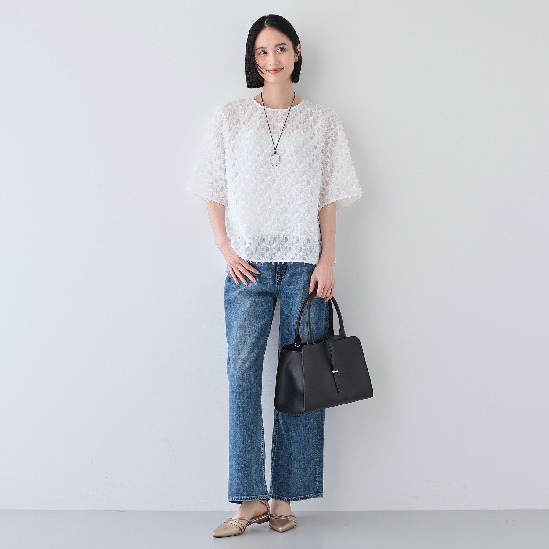 INDIVI「【トレンド／ヘアリー】フリンジカットジャカードTブラウス」|シャツ・ブラウス|