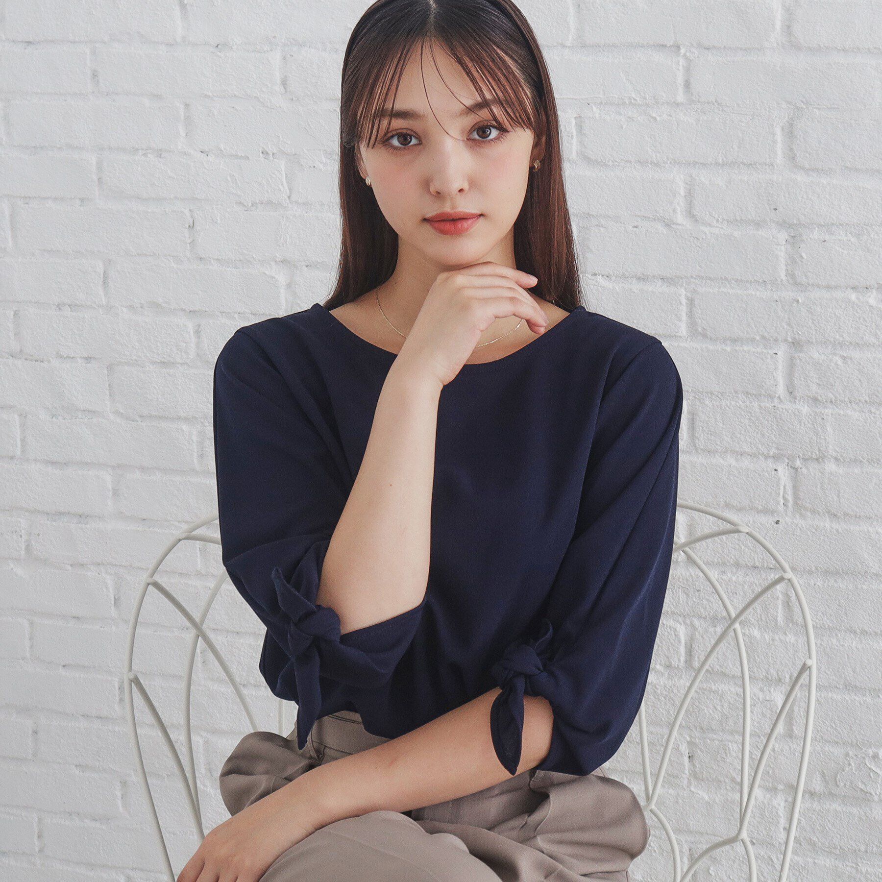 index「カットジョーゼットリボンスリーブトップス【洗濯機洗い可】」|Tシャツ・カットソー|ネイビー(094)