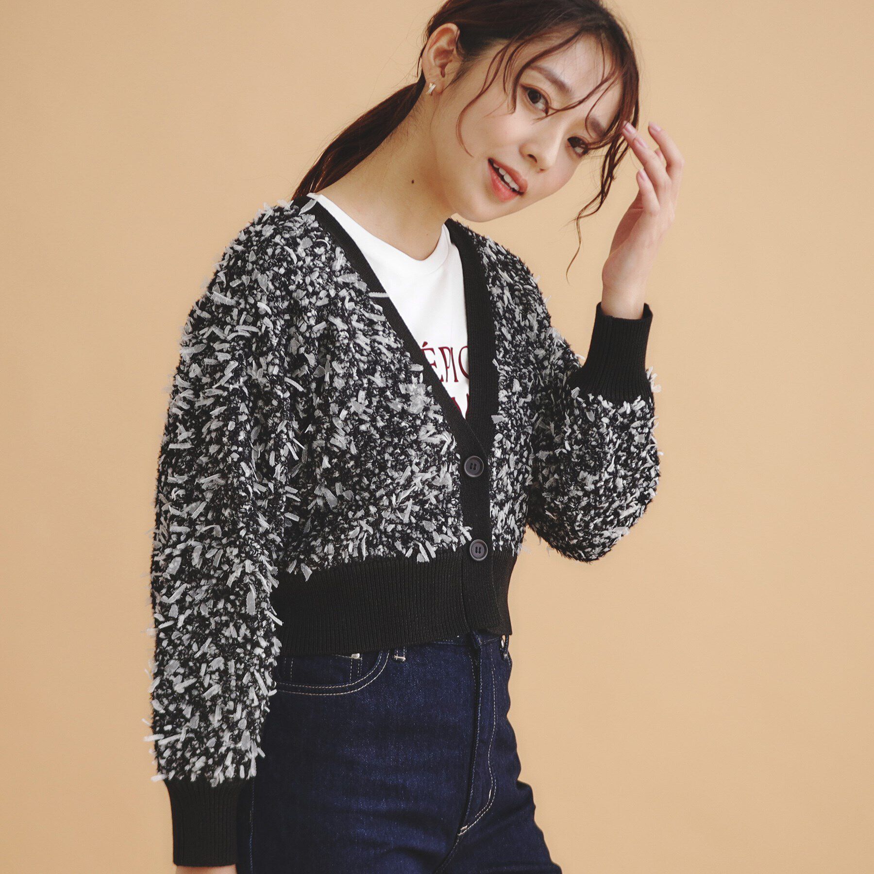 index「チュールフラッグVネックカーディガン【洗濯機洗い可】」|カーディガン|ブラック(419)