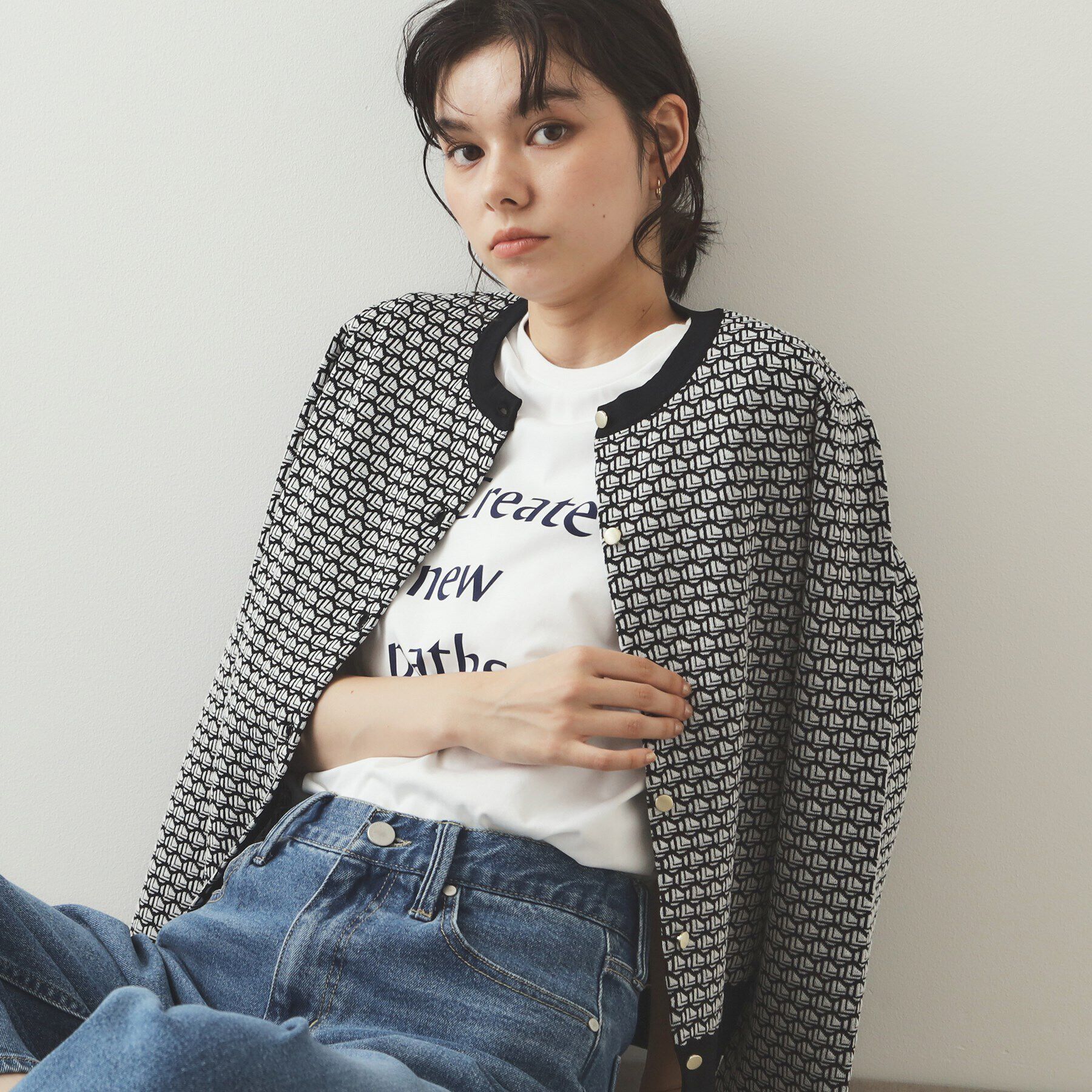 OPAQUE.CLIP「幾何学柄ジャカード ニットカーディガン【洗濯機洗い可/抗ピル】」|カーディガン|ホワイト(101)