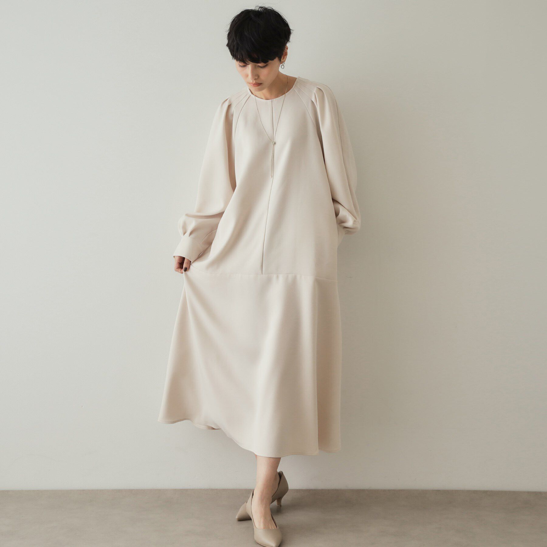 OPAQUE.CLIP「ウールライク タックデザインワンピース【洗濯機洗い可】」|ワンピース|