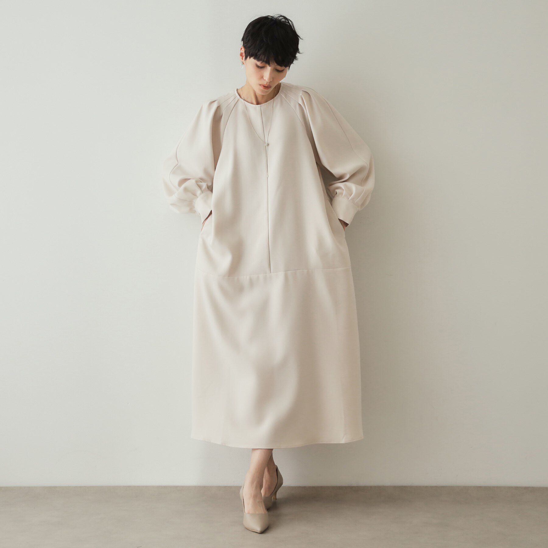 OPAQUE.CLIP「ウールライク タックデザインワンピース【洗濯機洗い可】」|ワンピース|