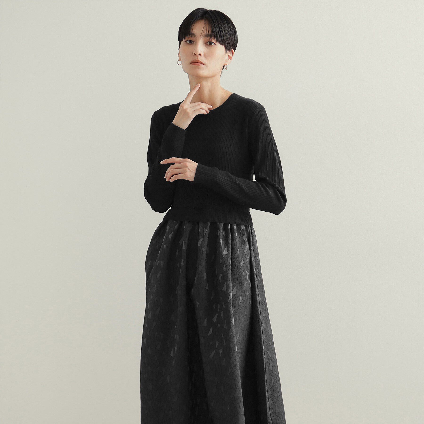 OPAQUE.CLIP「《美人百花掲載》ニット&times;ジャカードドッキングワンピース【洗濯機洗い可/抗ピル】」|ワンピース|