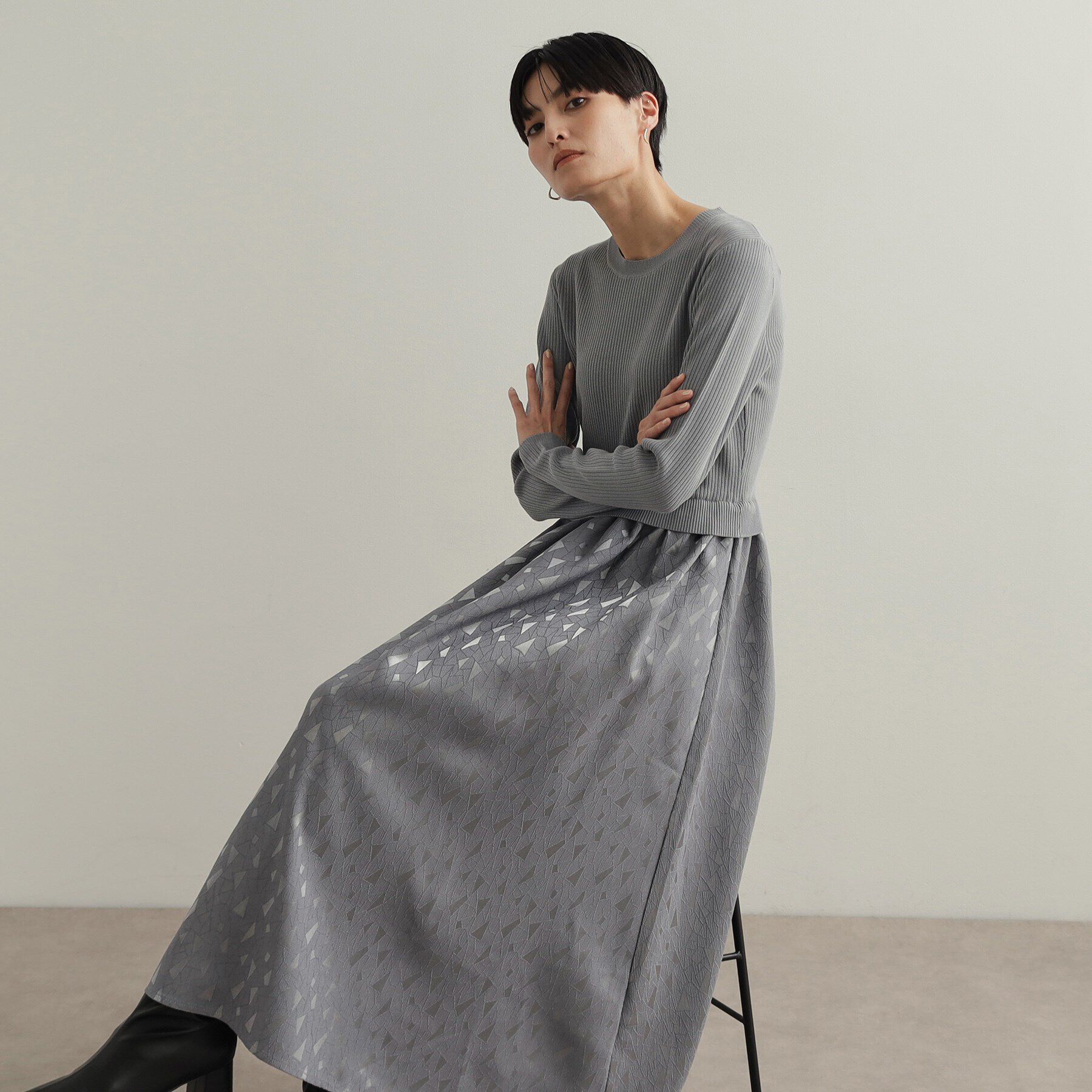 OPAQUE.CLIP「《美人百花掲載》ニット&times;ジャカードドッキングワンピース【洗濯機洗い可/抗ピル】」|ワンピース|