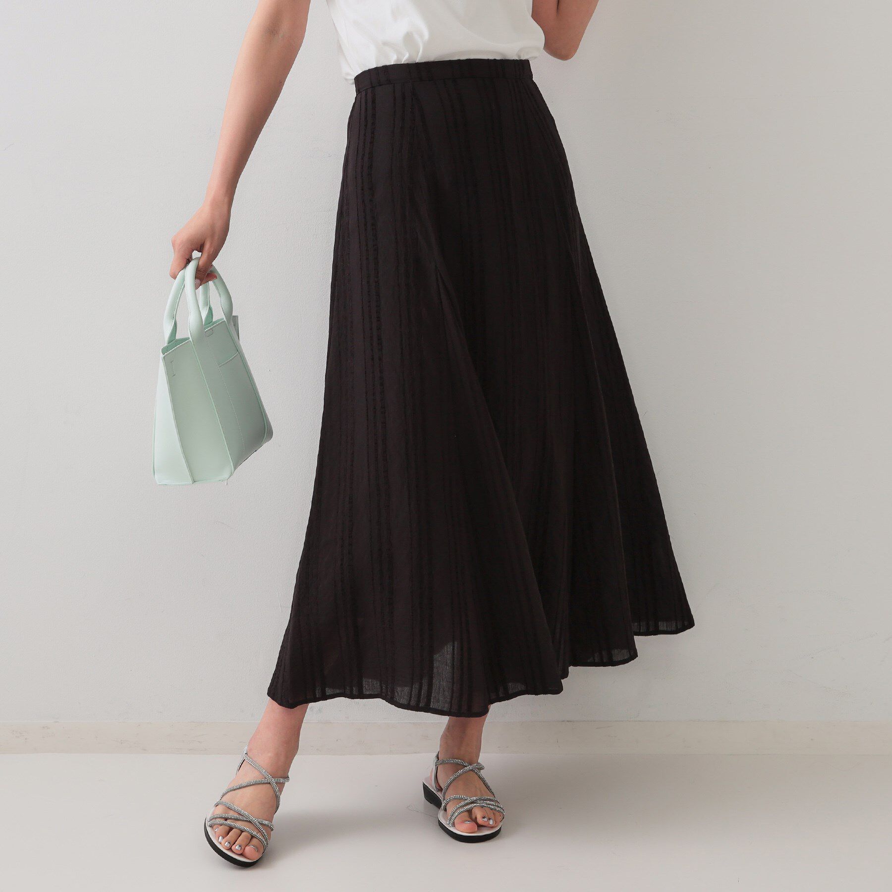 OPAQUE.CLIP「ランダムストライプフレアスカート」|スカート|ブラック(019)