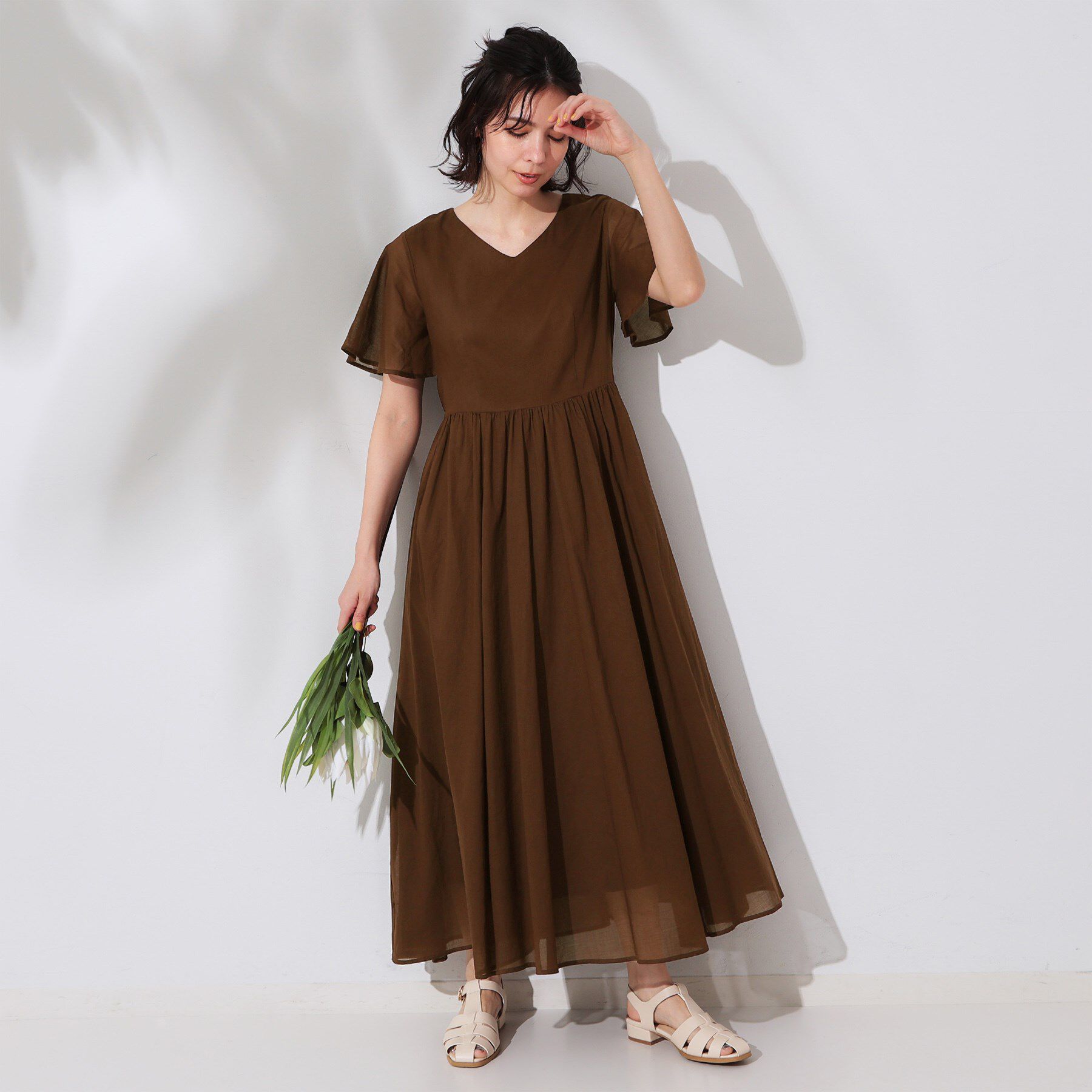 OPAQUE.CLIP「Vネックフィット＆フレアドレス/オーガニックコットン混【洗濯機洗い可】」|ワンピース|