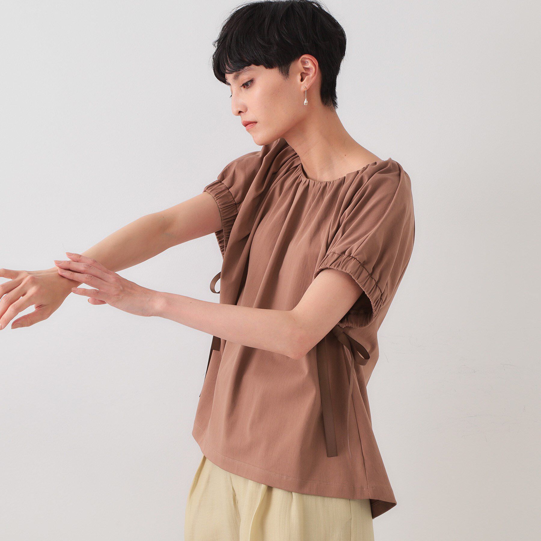 OPAQUE.CLIP「サイドリボンチュニックトップス【洗濯機洗い可】」|Tシャツ・カットソー|