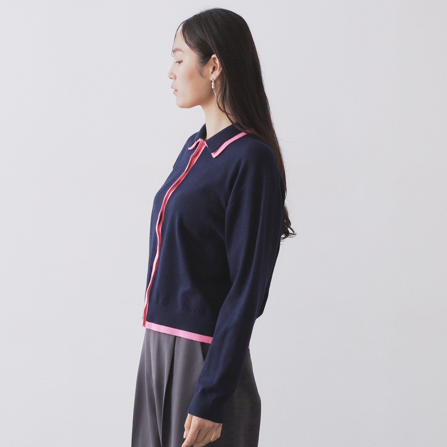 OPAQUE.CLIP「ダブルカラーポロ衿配色ニット【洗濯機OK】」|ニット・セーター|